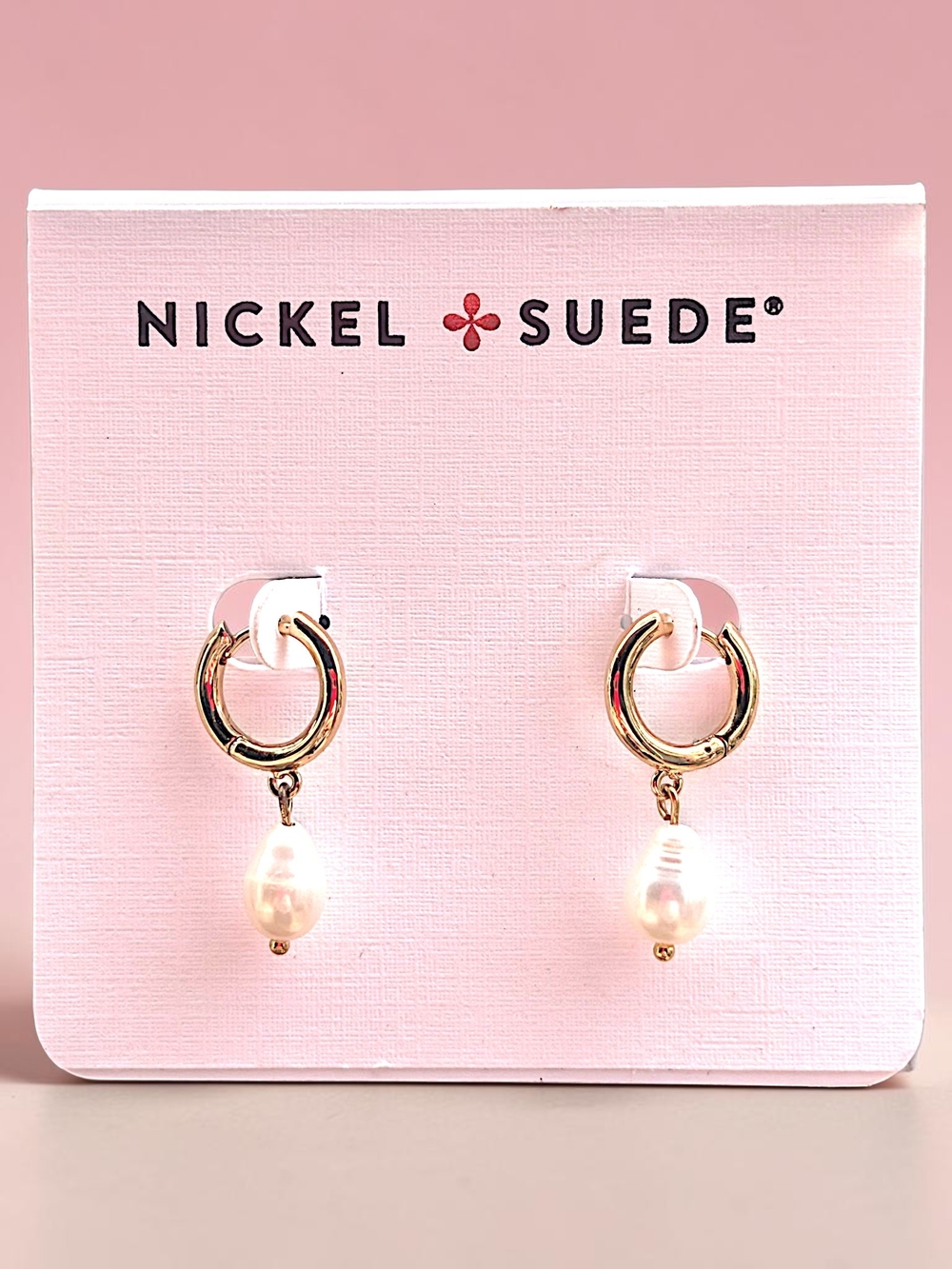 NEW Nickel Suede Gold Hoop Earrings with White Pearl Drops